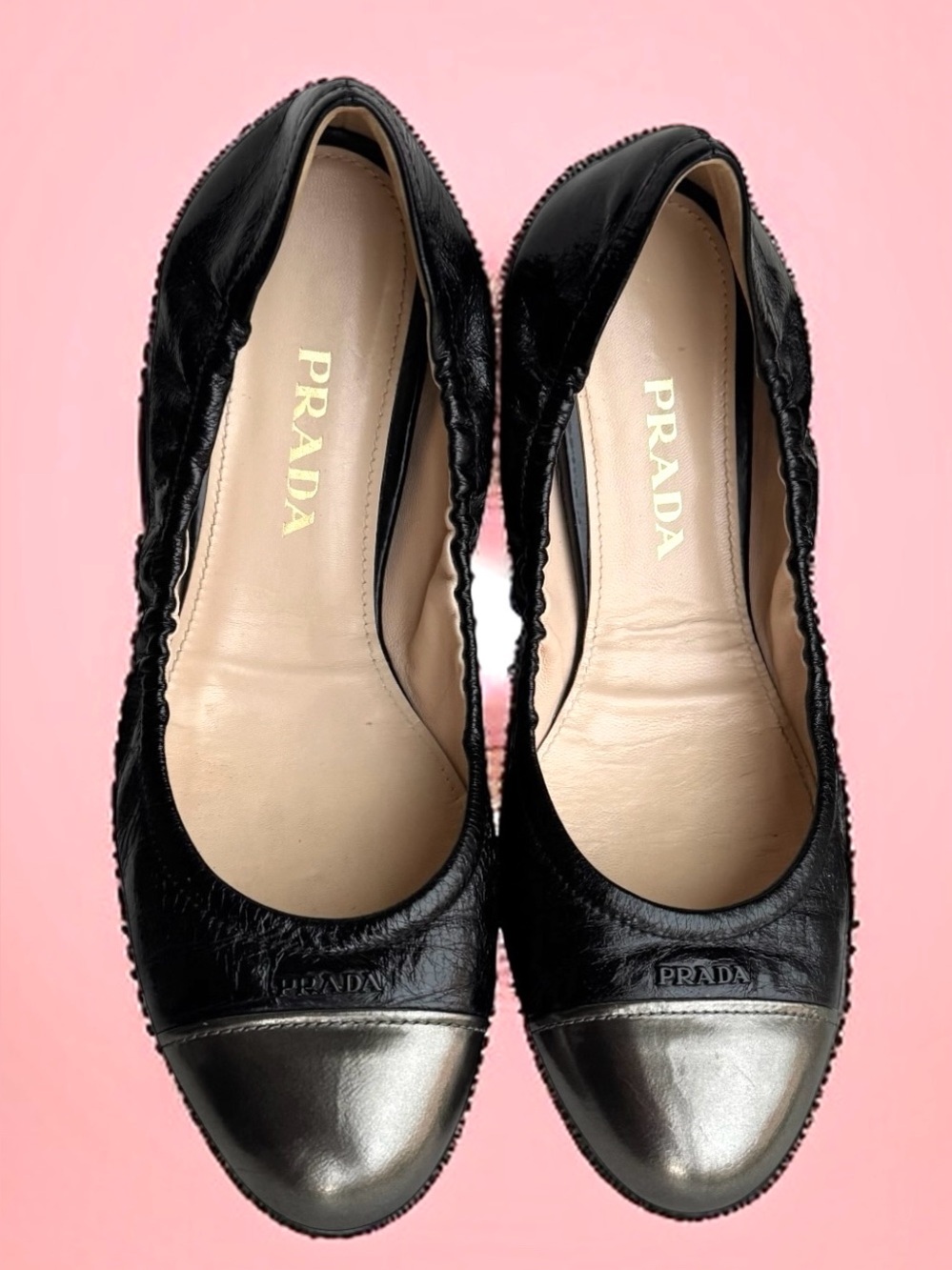 Prada Vitello Shine Cap Toe Logo Ballet Flats